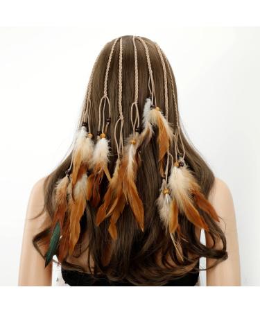MWOOT 4Pcs Feather Hair Clips Bohemian Hair Extensions Clip Indian Tassel Hemp Rope Braided Beads Headdress Hair Accessories for Halloween Costume Party Decoration