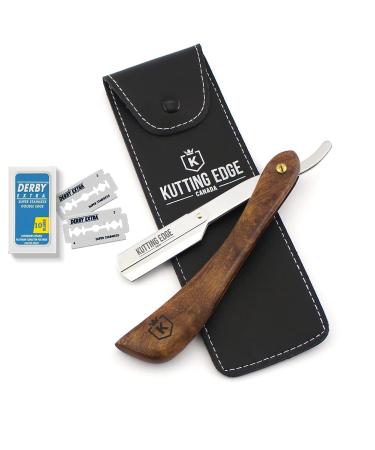 Kutting Edge - Professional Straight Edge Razor - Barber Straight Razor with 10 Derby Double Edge Blades - Brown Wood Handle Stainless Steel Traditional Barber Shaving Razor