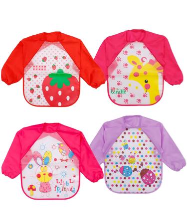 Baogaier Bibs with Sleeves Baby Waterproof Weaning Toddler Bib Long Sleeves Washable 4 PCS Plastic Eating Feeding Nursling Playing Painting Easy Clean Animal EVA Rabbit Strawberry Giraffe Ladybug Pink