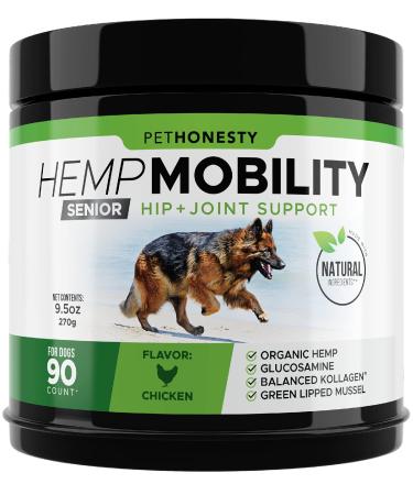 PetHonesty Senior Hemp Mobility - Hip & Joint Supplement for Senior Dogs - Hemp Oil & Powder, Glucosamine, Collagen, MSM, Green Lipped Mussel, Support Mobility, Helps with Occasional Discomfort Chicken - Senior Single - 90 count