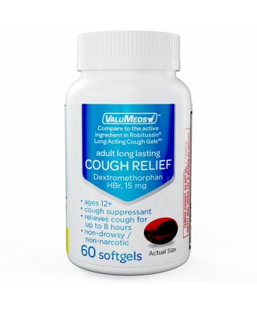 ValuMeds Cough Relief for Adults Dextromethorphan HBr Cold Medicine for Sore Throat 15mg (60 Softgels) 8-Hour Non-Drowsy Long-Lasting Bronchial Suppressant