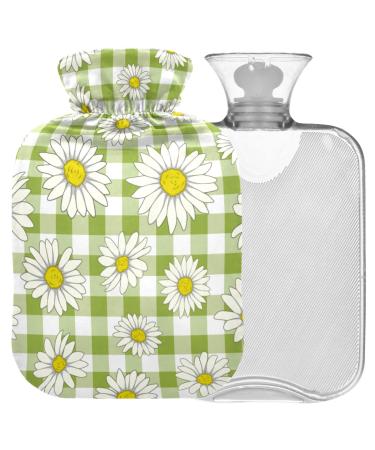 NAANLE hot water bottle with cover checkered daisy transparent hot water bottle 2 l large warm-up bag for menstrual cramps pain relief handfoots heat and cold therapy