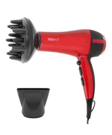 Red Hot 37010 2200W Professional Hair Dryer With Diffuser & Concentrator Nozzles / Dual Styling Options / 3 Heat Settings 2 Speed Settings & Cool Air Mode / Salon Quality / Red Coloured 2200W Hair Dryer with Diffuser & Concentrator Nozzle