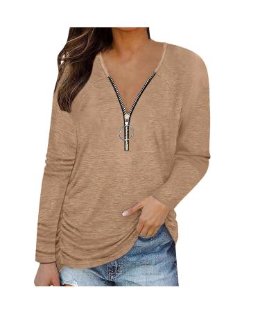 Ganfancp Women's Casual Pullover Solid V-Neck Winter Sweatshirt Long Sleeve Quarter Zipper Loose Comfy Breathable Fall Top Khaki Women Tops 29 Large