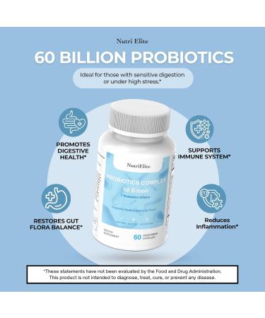 NUTRI ELITE Probiotics Complex 60 Billion CFU | 7 Diverse Strains | Supports Digestive Health Gut Flora Balance & Immune Function | Shelf-Stable Vegan Capsules | 60 Capsules - Buy Online on GoSupps.com