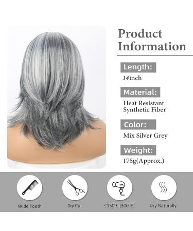 KRSI Grey Layered Wig - 14inch Shoulder Length Silver Wavy Wig with Curtain Bangs for Black Women - Natural Synthetic Hair - Buy Online on GoSupps.com