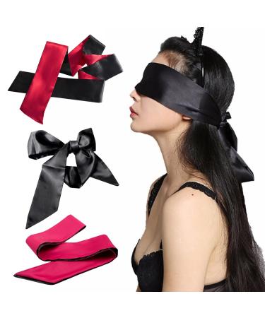 3PCS Satin Eye Mask Blind Sleep Mask 150cm/59 Inch Adjustable Silk Double Satin Eye Mask for Women for Travel Nap(Black Red Pink)