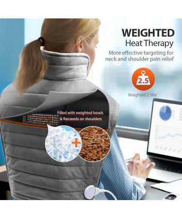 LitBear Weighted Heating Pad for Neck and Shoulders - XL Electric Heat Wrap for Back Pain Relief - Adjustable Neck Band & Waist Strap - Auto-Off - 6 Heat Levels - 23.5 x 24in, 2.5lbs - Grey - Buy Online on GoSupps.com