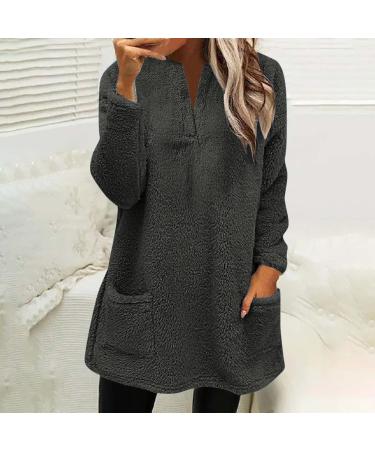 AMhomely Women's Plus Size Double Fleece Hoodie | V Neck Soft Teddy Fleece Jumper with Pocket | Dark Grey | Winter Lounge Tops - Buy Online on GoSupps.com