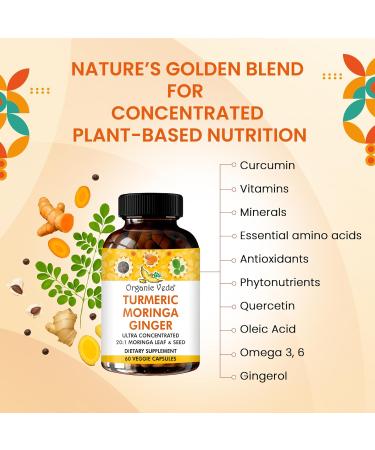 Organic Veda Turmeric Moringa Ginger Capsules - Super Antioxidants & Curcumin Supplement with 20:1 Moringa Leaf & Seed Extract Black Pepper - Energy Joints Heart Health Support - 60 Vegan Pills - Buy Online on GoSupps.com