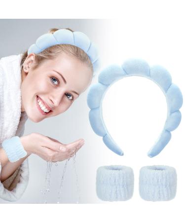 FRIUSATE Spa Headbands for Women  Sponge Headband for Washing Face  Blue Puffy Bubble Headband w/Wrist Bands to Wash Face  Makeup Removal  Skincare  Shower