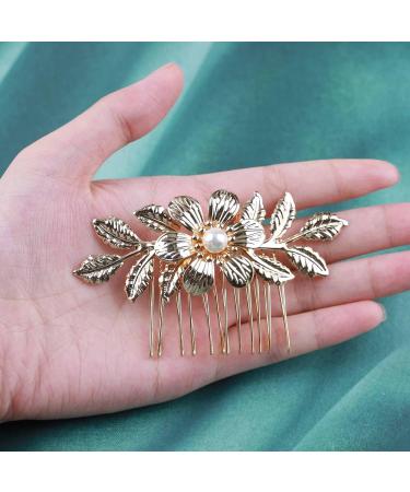 Dervivea Boho Leaf Hair Comb Metal Flower Hair Combs Gold Leaves Side Combs Headpieces Vintage Pearl Hair Comb Bride Wedding Hair Comb Decorative Hair Accessories for Women and Girls Headdress - Buy Online on GoSupps.com