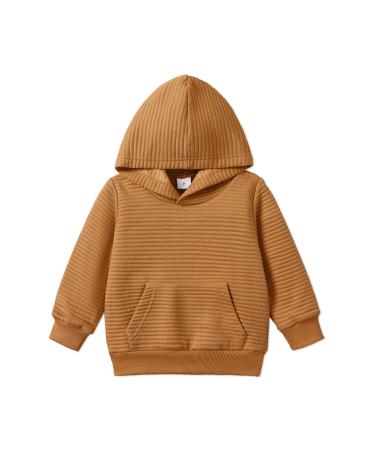 PATPAT Toddler Hoodie Boy Girl Hooded Sweatshirt Solid Color Textured with Pocket Pullover Hoodies for Toddler 2-3 Years Brown