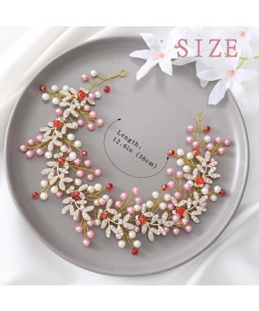 IYOU Pearl Wedding Hair Vine Pink Leaf Bridal Headband Crystal Bridesmaid Bride Hair Piece Accessories for Women(Gold) - Buy Online on GoSupps.com