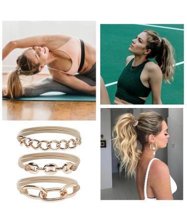 Gold Bracelet Hair Ties with Beige Khaki Elastic - Set of 3 | 2-in-1 Fashion Accessory for Women & Girls - Wear as Hair Tie or Wrist Bracelet - Buy Online on GoSupps.com