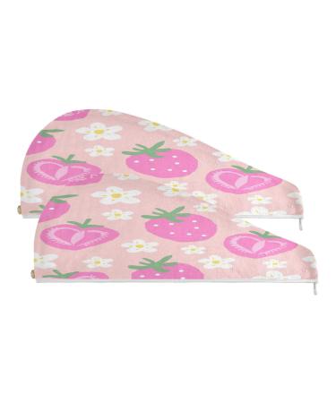 Cute Strawberry Dry Hair Cap 2 Piece Quick Drying Towel Set with Button Headband Super Absorbent Soft & Comfortable