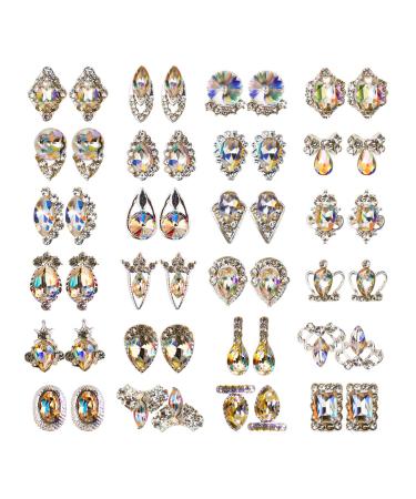 48pcs Nail Crystal AB Rhinestones, Nail Diamonds Glass Metal Gems Jewels Stones for 3D Nails Art Decoration(24 Styles) 48pcs(24 shapes)