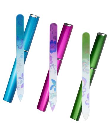 3 Pack Glass Nail File, EAONE Crystal Nail Files with Case Gradient Colorful Printed, Two Sided Etched Filing Surface Finger Nail Files, Professional Manicure Nail Care Czech Glass File