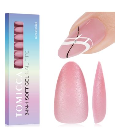 Tomicca nail tips 180 pieces -Mandel Press on Nails 3 in 1 nail tips pre -colored full cover and preformed full base coat nail tips for nail art nail extensions in 15 sizes rose pink almond