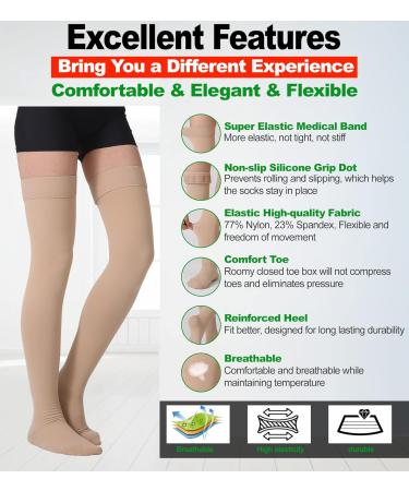 Thigh High Compression Stockings - Firm 20-30mmHg Support, Silicone Band, Best for Veins & Swelling - Beige, Size M - Buy Online on GoSupps.com