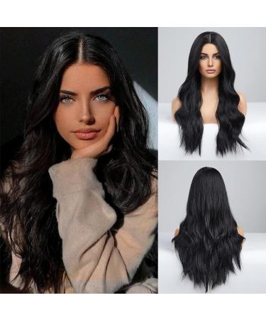 HAIRCUBE Long Black Wigs for Women Synthetic Curly Hair Wig Middle Parting Dark Black