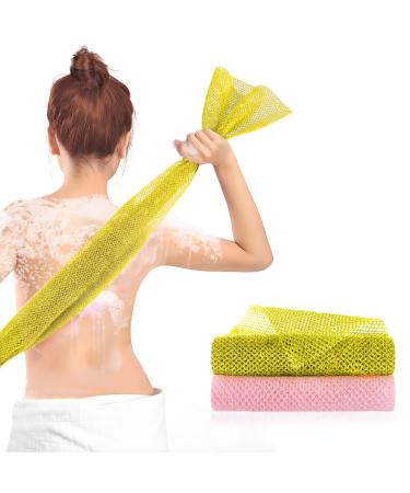 2 Pieces African Net Sponge African Exfoliating Net for Body Premium Nylon African Wash Net Shower Body Scrubber Back Scrubber Skin Smoother Long Net Bath Sponge for Daily Use (Pink+Yellow)