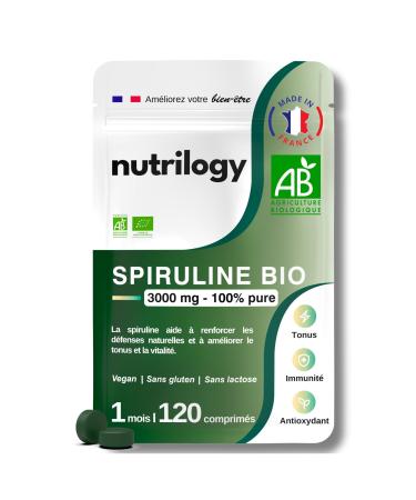 Spiruline Bio 3000mg 100% Pure & sans m taux lourds | Immunit Tonus & Antioxydant | 1 mois - 120 comprim s | Riche en Fer & Prot ines | Super Aliment Naturel & Fabriqu en France | NUTRILOGY