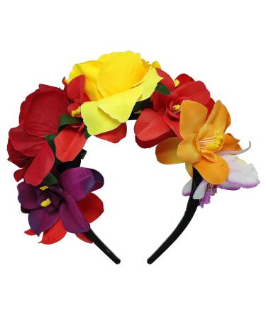 OHEETU Mexican Flower Crown Headband Halloween Flower Headband Bohemia Floral Hairband Rose Flower Crown Party Costume Day of The Dead Headpiece Cosplay Hair Accessories