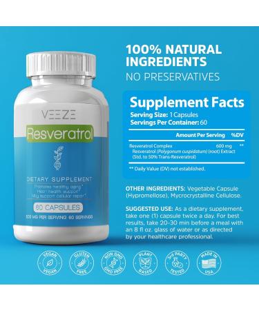 VEEZE Resveratrol Supplement 600mg 60 Capsules & 60 Servings - Made in USA Natural & Organic Resveratrol - Rich in Antioxidants & Trans Resveratrol for Well-Being Support - Premium Organic Resveratrol Resveratrol 60 Count (  - Buy Online on GoSupps.com