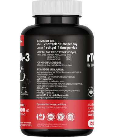 Triple Strength rTG Omega-3 Fish Oil 2000 mg w/EPA & DHA Fatty Acids 120 Softgels Helps Brain & Heart Health Immune Supports for Men & Women Burpless Fish Oil Non-GMO Made In Canada - Buy Online on GoSupps.com