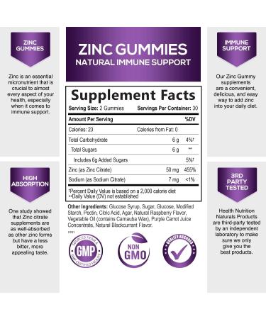 Vegan Zinc Gummies 50mg Supplement - Immune Support & Antioxidant for Skin Health - Gluten & GMO-Free Chewable Vitamins - 60 Gummies - Buy Online on GoSupps.com