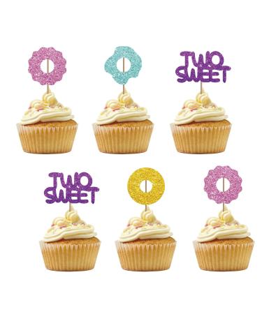 Set of 24 Two Sweet Cupcake Toppers Pink&Gold Glitter Donut Sign Cupcake Picks 2nd Birthday Cake Decorations Second Birthday/Baby Shower Party Supplies