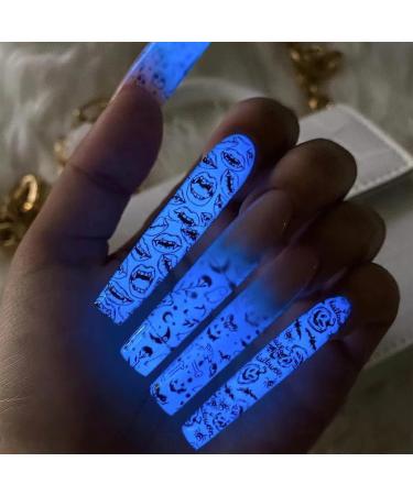 Halloween Press on Nails Long Square Fake Nails Glow in The Dark Full Cover Coffin False Nails Glossy Pumpkin Mouth Glue on Nails Nude Gradient Stick On Nails for Women Girls Manicure 24Pcs 9-Glow In The Dark