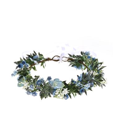 Fleursun Adjustable Bridal Flower Crown Boho Hair Wreath Fairy Accessories for Women Green Leaf Headband (A/blue green)