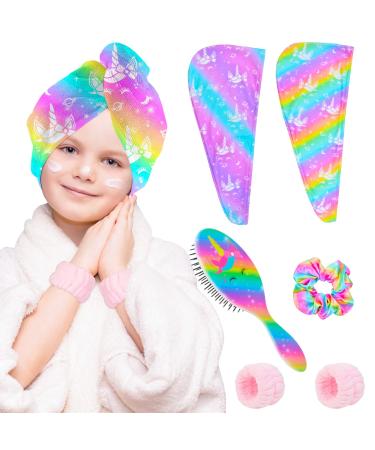 Microfiber Hair Towel Wrap Set for Kids 2 Pack Rapid Drying Hair Towel with Button Hair Turbans for Wet Hair Wraps Head Towel Wrap for Women and Girls Contains Hair Brush and Face Washing Wristbands