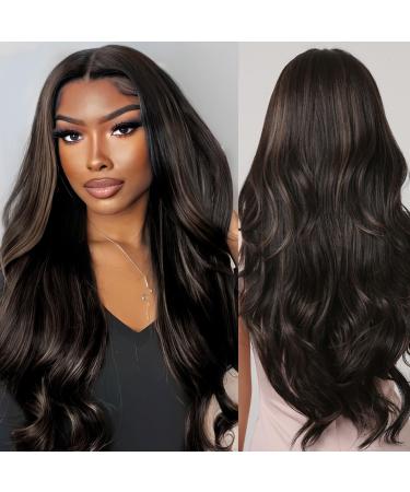 Brown wigs for black women Long natural wavy wigs curly wig middle part heat -resistant synthetic wig black brown highlight