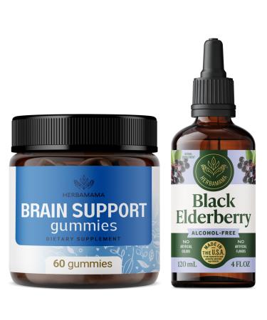 HERBAMAMA Brain Support & Elderberry Extract Kit - Bundle of Brain Support Gummies & Black Elderberry Tincture 4 fl oz - Vegan Non-GMO Alcohol-Free - 2 Pack