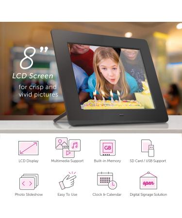 Aluratek 8 LCD Digital Picture Frame with 4GB Memory - USB/SD/SDHC Supported - Modern Black Frame with Clock & Calendar - Buy Online on GoSupps.com
