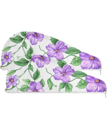 Purple Flowers & Green Leaves Hair Towel 2 Pack | Super Absorbent Quick Dry Turbans for Women & Girls - Buy Online on GoSupps.com