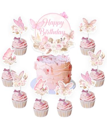 Butterfly Happy Birthday Cake Toppers Set 24 Pcs Butterfly Cupcake Picks with 1 Pc Pink Boho Cake Topper Girls Birthday Party Decorations Supplies