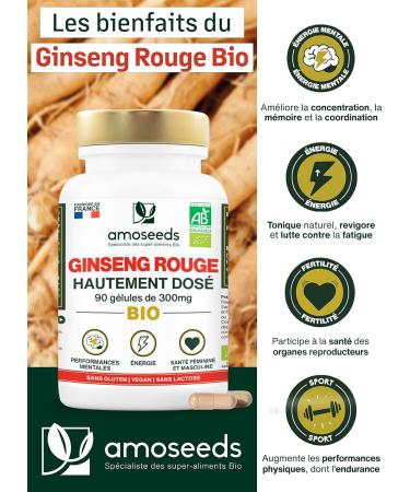 Panax Organic Red Ginseng from Korea | Extra Strong 900mg/day | Energy Strength Anti-Stress Concentration | 90 Capsules of 300mg | Top Quality - Buy Online on GoSupps.com
