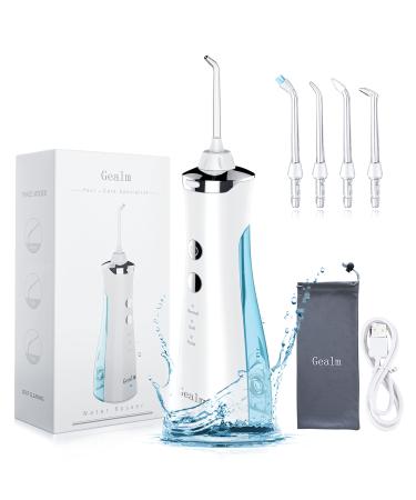 Water Flossers for Teeth Cordless - Gealm Portable Dental Teeth Cleaner with 3 Modes 4 Jet Tips IPX7 Waterproof Electric Flosser for Teeth USB Recharged Use for Travel & Home White