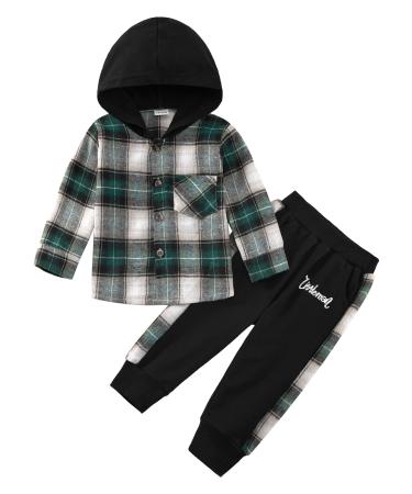 Naiyafly Toddler Boys Clothes Set Kids Long Sleeve Hoodie Plaid Sweatshirt Tops + Pants Outfit Set Children Hooded Button Down Shirts Bottom Tracksuit Boys School Playsuit 2-3 Years Green Plaid