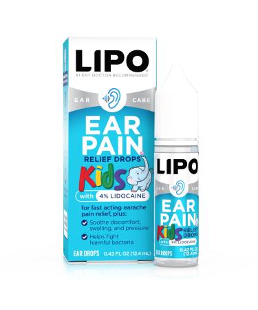 Lipo Kids Ear Pain Relief Drops - 4% Lidocaine Fast-Acting Formula - for Swimmer's Ear Earaches Cold & Flu - Relieves Pain Swelling & Water-Clogged Ears - Ages 2+