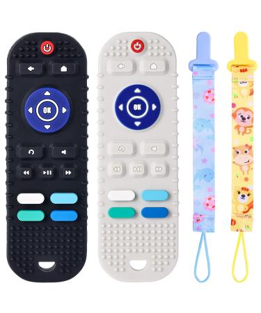 Teething Toys for Babies 6-12 Months - 2 Pack Silicone TV Remote Control Teether for Baby Baby Toys 0-6 Months Infant Chew Toys with 2 Pacifier Clips - Ideal Gift for Baby Girl & Boy-BPA Free Remote Control Black + Bei...