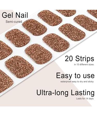 Foyute Semi Cured Gel Nail Strips 20 Pcs Soft Self-Adhesive Gel Nail Polish Wraps Sticker for Salon-Quality Manicure Set Long Lasting Easy to Apply & Remove Nail File & Wooden Stick (Gold glitter A) - Buy Online on GoSupps.com