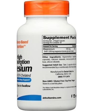 Doctor's Best Magnesium Glycinate Lysinate 120 Vegan Capsules - High Absorption Chelated Formula, Non-GMO - Buy Online on GoSupps.com