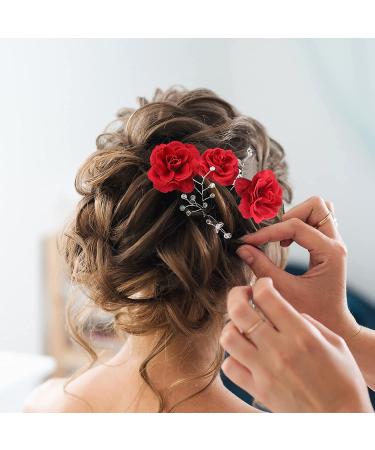 Halloween Rose Flower Hair Clips - 9 Piece Set for Women and Girls | Bridal Hair Pins for Wedding & Halloween Party - Red - Buy Online on GoSupps.com