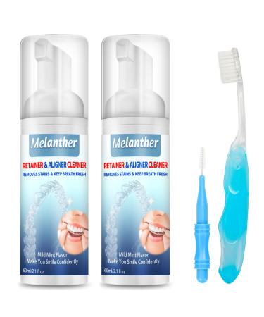 Melanther Retainer Cleaner with Toothbrush - Braces/Aligner Cleaner Whitening Foam for ClearCorrect Essix Vivera & Hawley Trays/Aligners Denture Cleaner & Fights Bad Breath (120 ml) 2pack