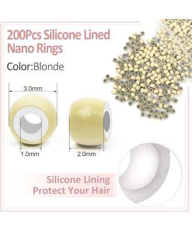 Vlasy Nano Beads Silicone Lined 3.0mm 200PCS + Hair Extension Loop Needle Threaders Set - Blonde Hair Extensions/Tinsel - Buy Online on GoSupps.com